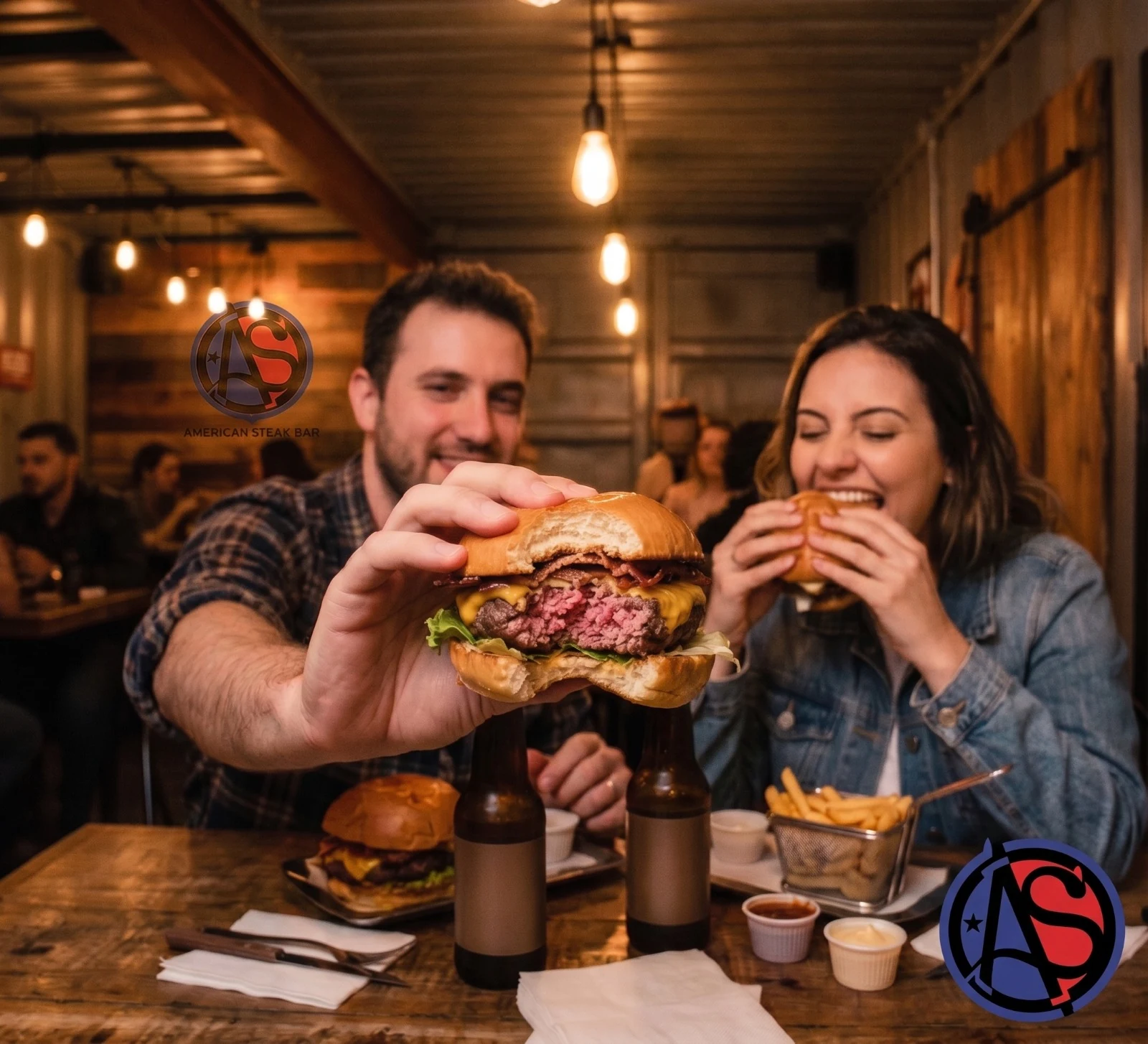 Casal com hambúrguer em primeiro plano, mostrando o ponto da carne